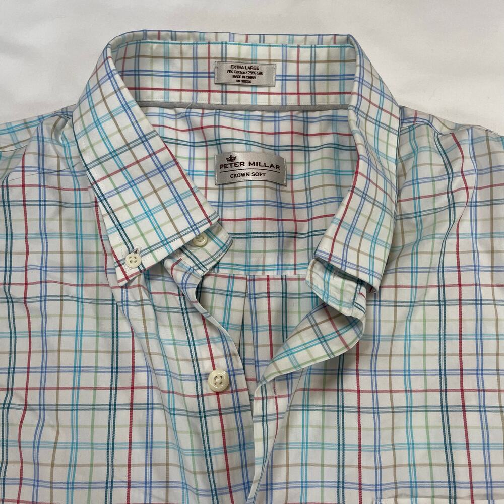 Peter Millar Crown Soft Shirt XL Extra Large Mens Cotton Silk Plaid Check Button